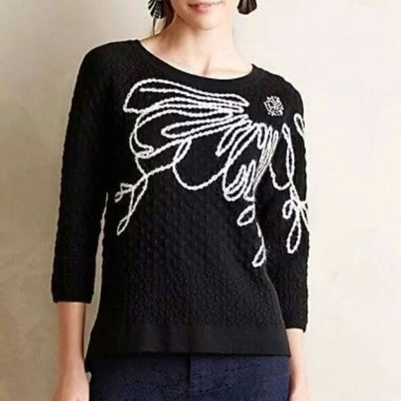 Anthropologie Field Flower Embroidered Scoop Neck Black Pullover Sweater Size S - Picture 1 of 16